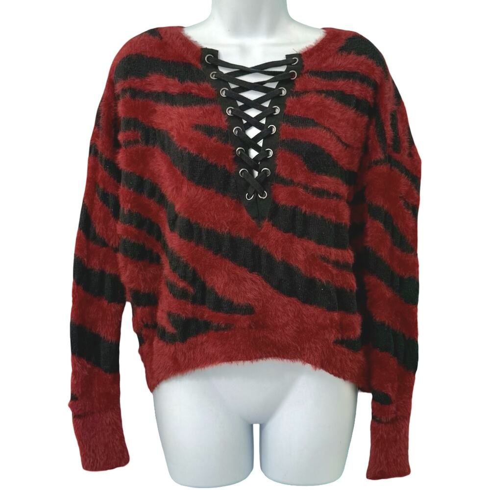 Express Red Black Tiger Stripe Lace Up V-Neck Fuzzy Eyelash Crop Sweater Size XS